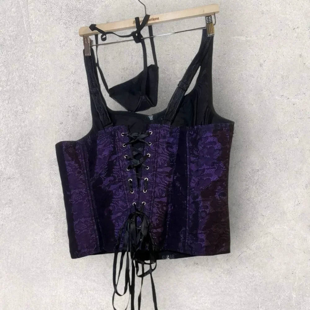 Black And Purple Satin And Lace Wide Strap Corset Top And Thong Set Size 4XL - Picture 4 of 6